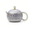 Pure 999 Fine Silver Handcrafted Silver Floral Teapot with Green Jade Accents and Intricate Metalwork - Handicraft
