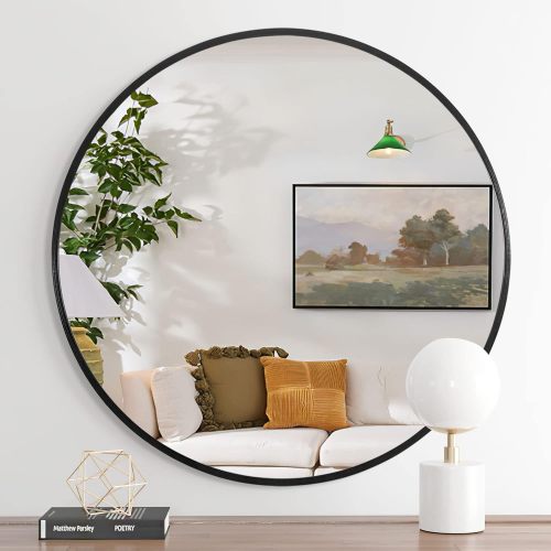32 Inch Black Metal Framed Round Bathrrom Mirror For Wall.