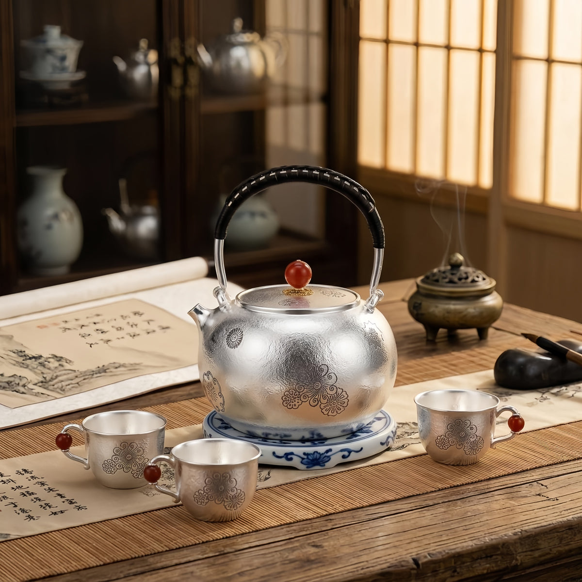Pure 999 Fine Silver Elegant Handcrafted Silver Teapot with Red Agate Knob and Floral Engravings - Handicraft