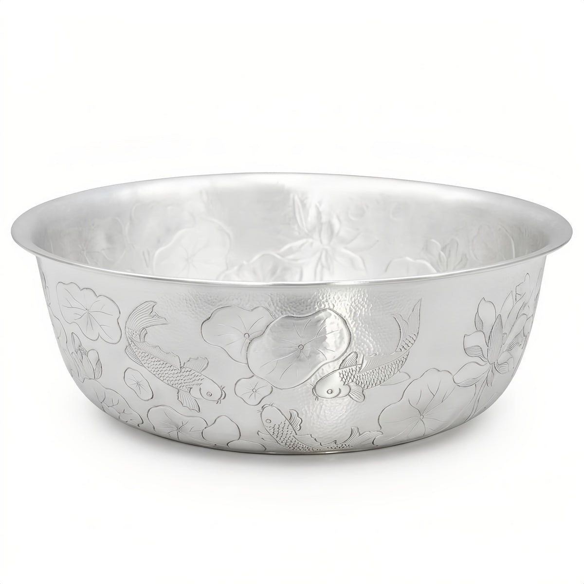 925 Sterling Silver Handcrafted Silver Basin with Intricate Koi Fish and Lotus Flower Relief Design - Handicraft