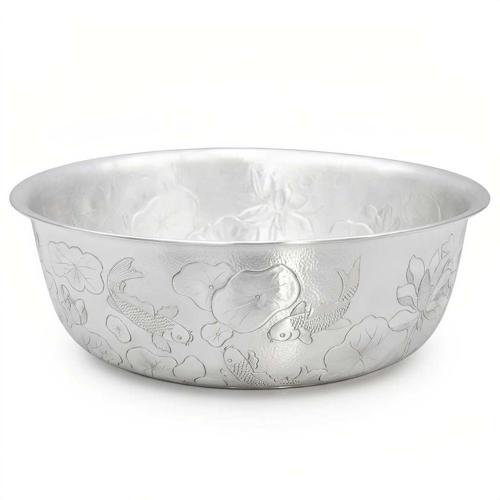 925 Sterling Silver Handcrafted Silver Basin with Intricate Koi Fish and Lotus Flower Relief Design - Handicraft