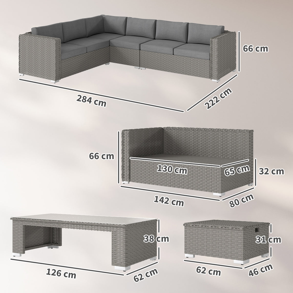 6 Pieces Outdoor PE Rattan Wicker Corner Sofa Set With 10cm Thick Padded Cushions, Aluminium Conservatory Furniture With Glass Top Coffee Table, Footstools, Grey