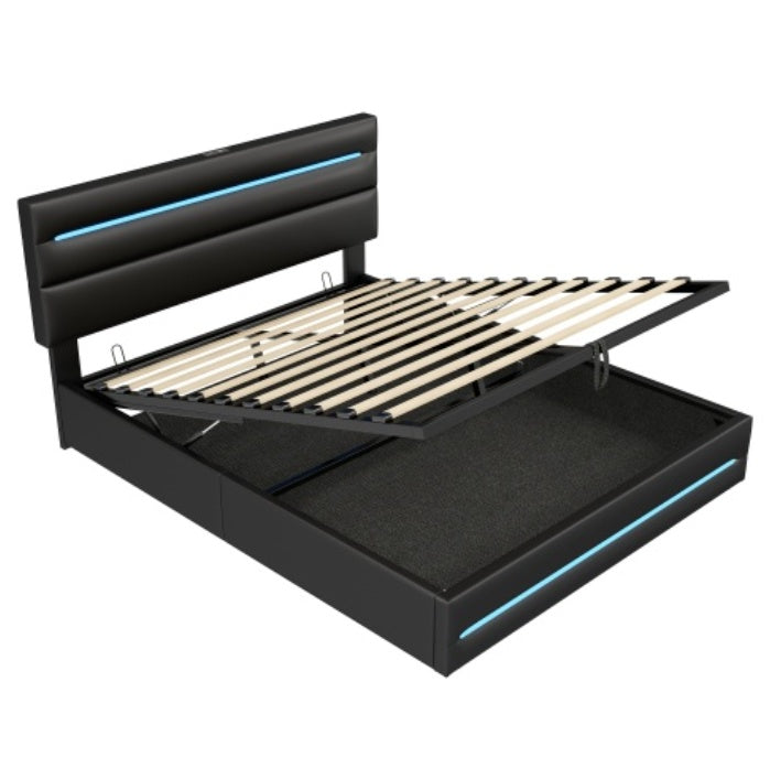 5ft King Upholstered Bed Frame With Hydraulic Storage, PU Ottoman Bed With LED Lighting And Charging Station, LED Adjustable Headboard With USB And Type - C Ports, Black