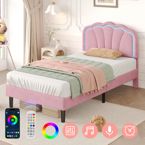 3ft Single Upholstered Bed With LED Adjustable Shell Shape Headboard, Soft Velvet Bed Frame With Solid Wood Slat, No Box Spring Needed, Easy Assembly, Cream White No Mattress