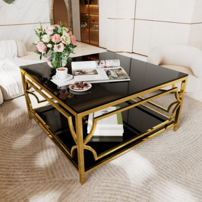 Square Glass Coffee Table In 33.5 ,Luxurious Geometric Metal Frame,Gold Finish  Lower Shelf