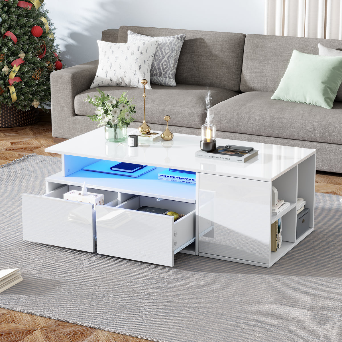 High Gloss Coffee Table With Open Storage, LED Lights, Centre Table With 2 Drawers, Sofa Side Table, Space-saving End Table, Tea Table, 100X50X35cm, White, Particleboard
