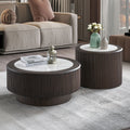 Modern Faux Marble Pattern Stickers Coffee Table Set,31.5 And 23.62 Inch Round End Coffee Table For Living Room,MDF Coffee Table With Sturdy Pedestal For Office,Dark Brown