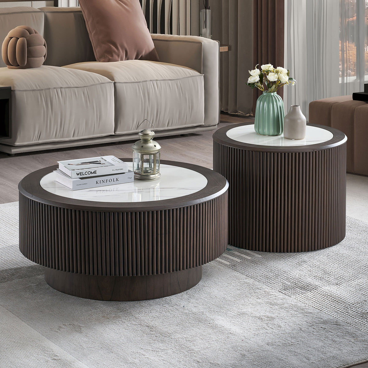 Modern Faux Marble Pattern Stickers Coffee Table Set,31.5 And 23.62 Inch Round End Coffee Table For Living Room,MDF Coffee Table With Sturdy Pedestal For Office,Dark Brown