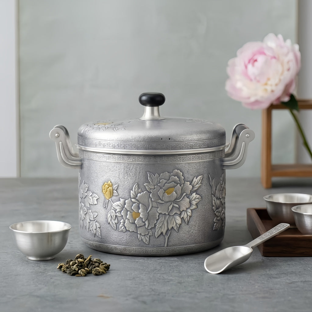 Pure 999 Fine Silver Exquisite Silver Toned Peony Embossed Pot with Intricate Floral Relief and Decorative Handles - Handicraft