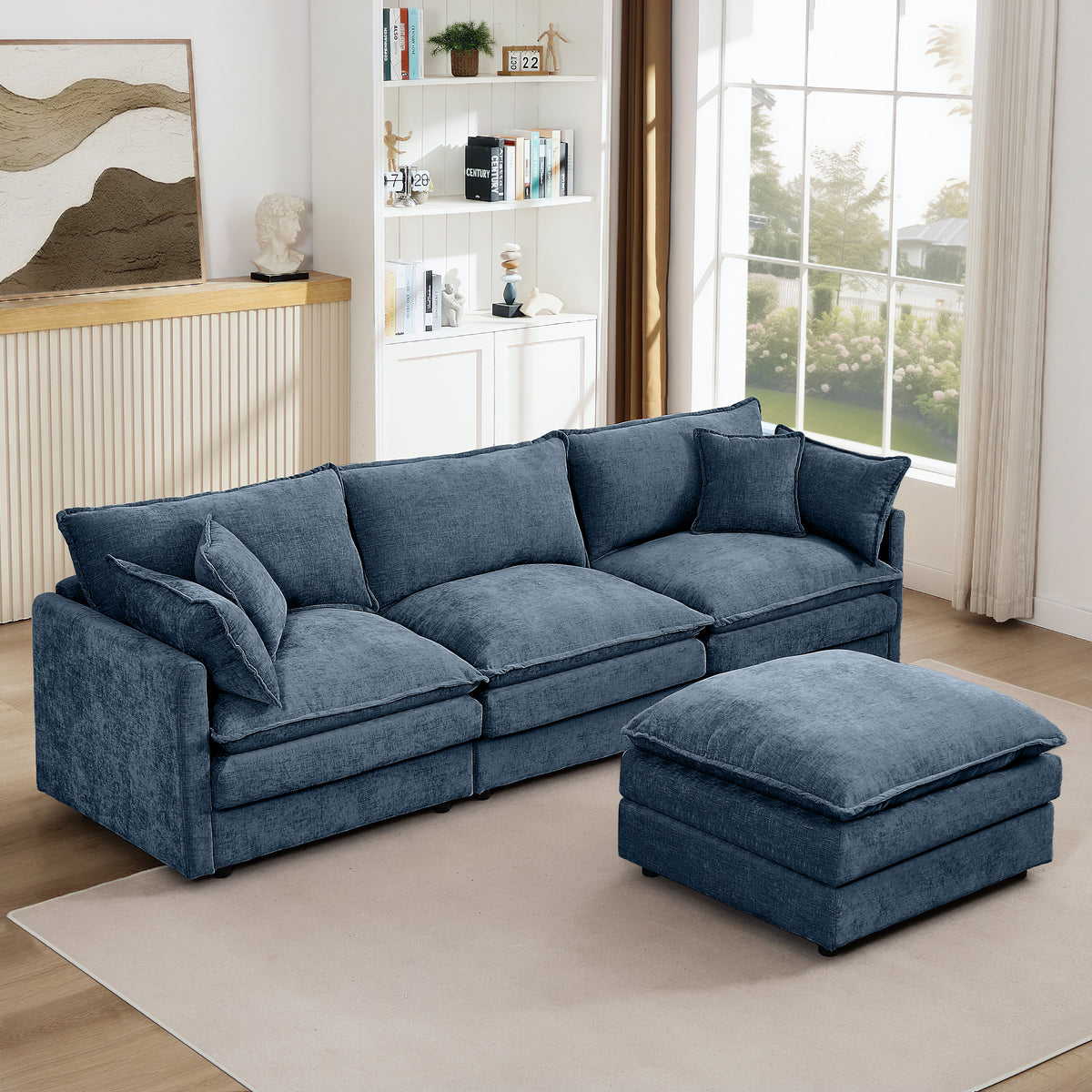 Modular Sectional Sofa, 102 Inch L Shaped Couch Set For Living Room, 3-Seater Comfy Cloud Couches With Movable Ottoman, DIY Combination, Chenille, Blue