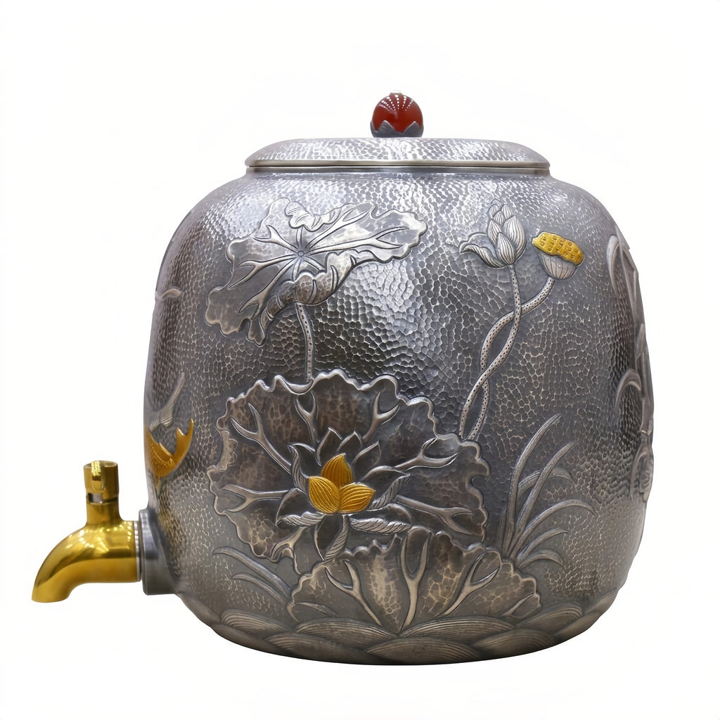 925 Sterling Silver Elegant Handcrafted Silver Water Jar with Intricate Lotus Relief and Gilded Accents - Handicraft
