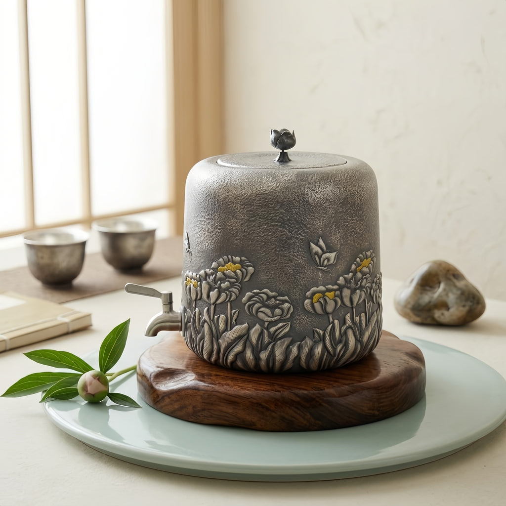 925 Sterling Silver Ornate Floral Embossed Beverage Dispenser with Intricate Butterfly Accents and Metallic Finish - Handicraft