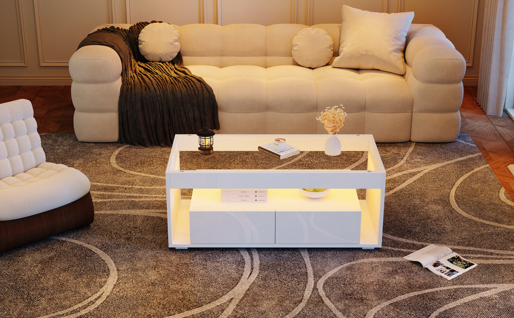 High Gloss Coffee Table With Open Storage, LED Lights, Centre Table With Glass Tabletop, Sofa Side Table With 2 Drawers, Coffee End Table With LED For Living Room, Office, 100X50X40cm, White