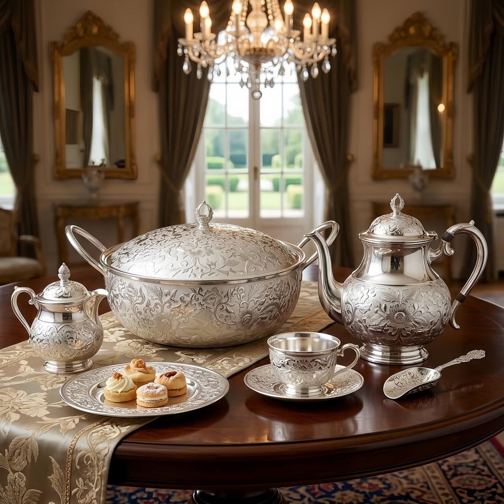 Pure 999 Fine Silver Elegant  Floral-Engraved Serving Pot with Lid and Curved Handles-Premium Hot Pot - Handicraft