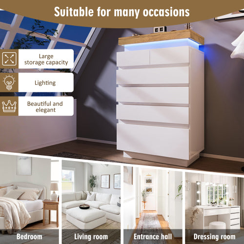 Chest Of Drawers,High-gloss Sideboard Cabinet With 6 Drawers,Storage With RGB LED App-controlled,Multi-purpose Cabinet For Living Room And Bedroom, 115 X 73 X 39 Cm, White