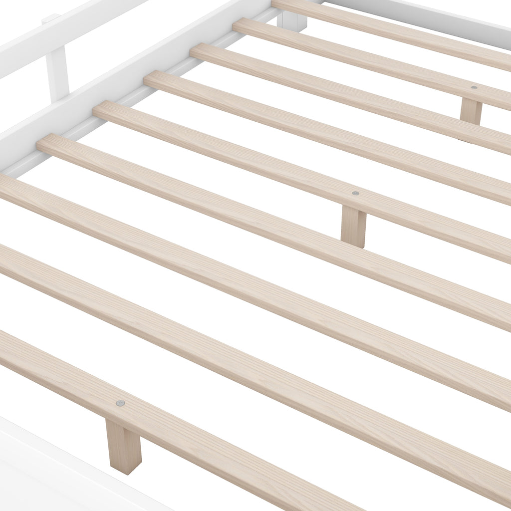 Wood Full Size Platform Bed With LED, Storage Headboard & Guardrail, White