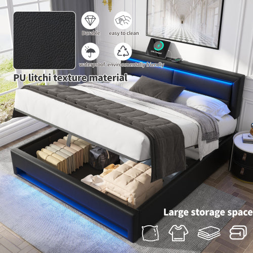 Upholstered Bed 135 X 190 Cm,Double Bed-4ft6,with USB Port  Supports Wireless And Wired Charging, With LED Lighting And Storage Space, Without Mattress, PU-Lychee Design, Black