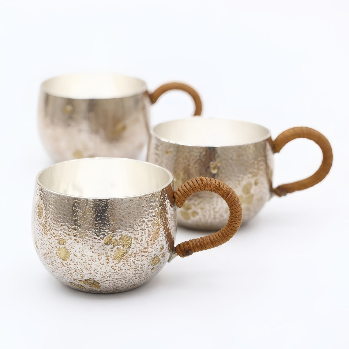 925 Sterling Silver Handcrafted Metallic Gold Speckled Mugs with Braided Rope Handles - Handicraft