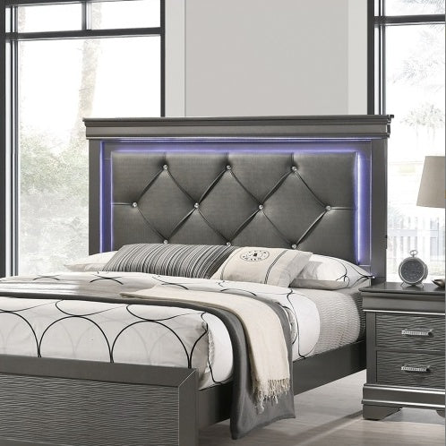 Dark Gray Faux Leather  1pc Queen Size Bed with LED