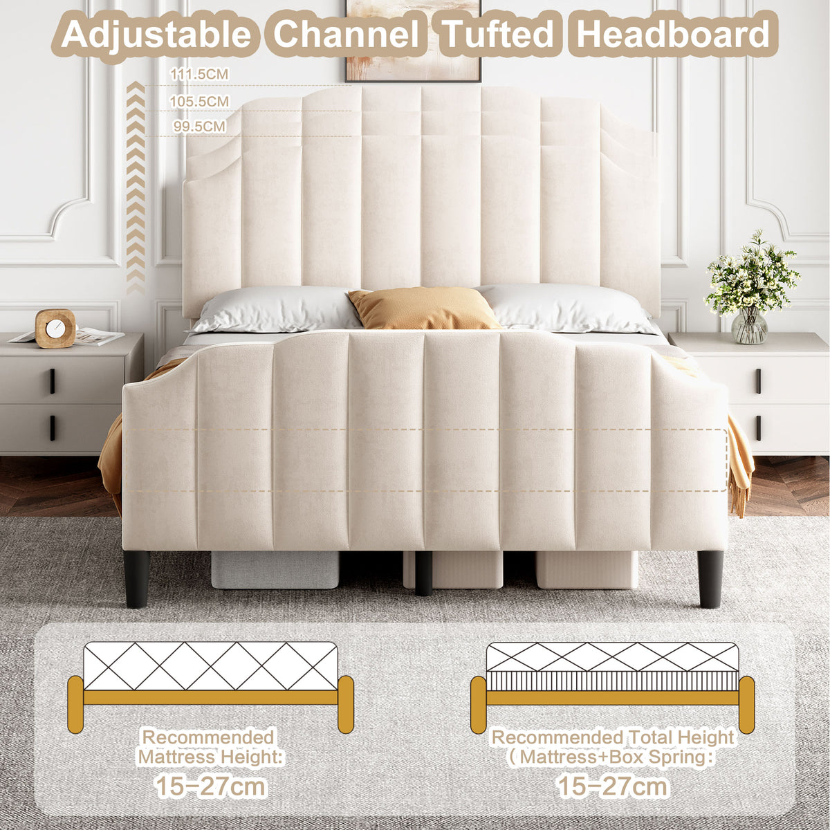 4ft6 Double Upholstered Bed Frame With Adjustable Chic Channel-Tufted Headboard, Velvet Platform Bed Frame With Solid Wood Slat And Mute Foam, No Box Spring Needed, Easy Assembly, Beige No Mattress