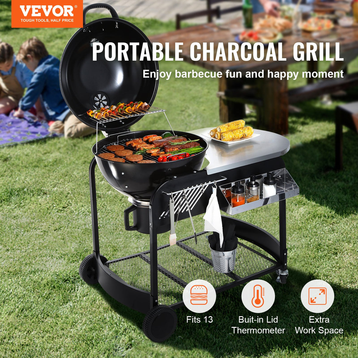 21 Inch Portable Charcoal Grill, Propane Gas Kettle Grills With Cover And Cart, Heavy Duty Iron BBQ Grill, Freestanding Smoker For Outdoor Cooking, Barbecue Camping, Picnic, Backyard Black