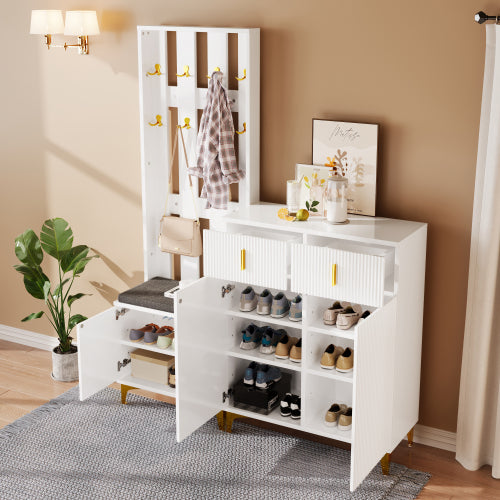 Wardrobe Set With Shoe Bench And Cushion, Wardrobe Front With Hooks, Shoe Cabinet With Drawers And Doors