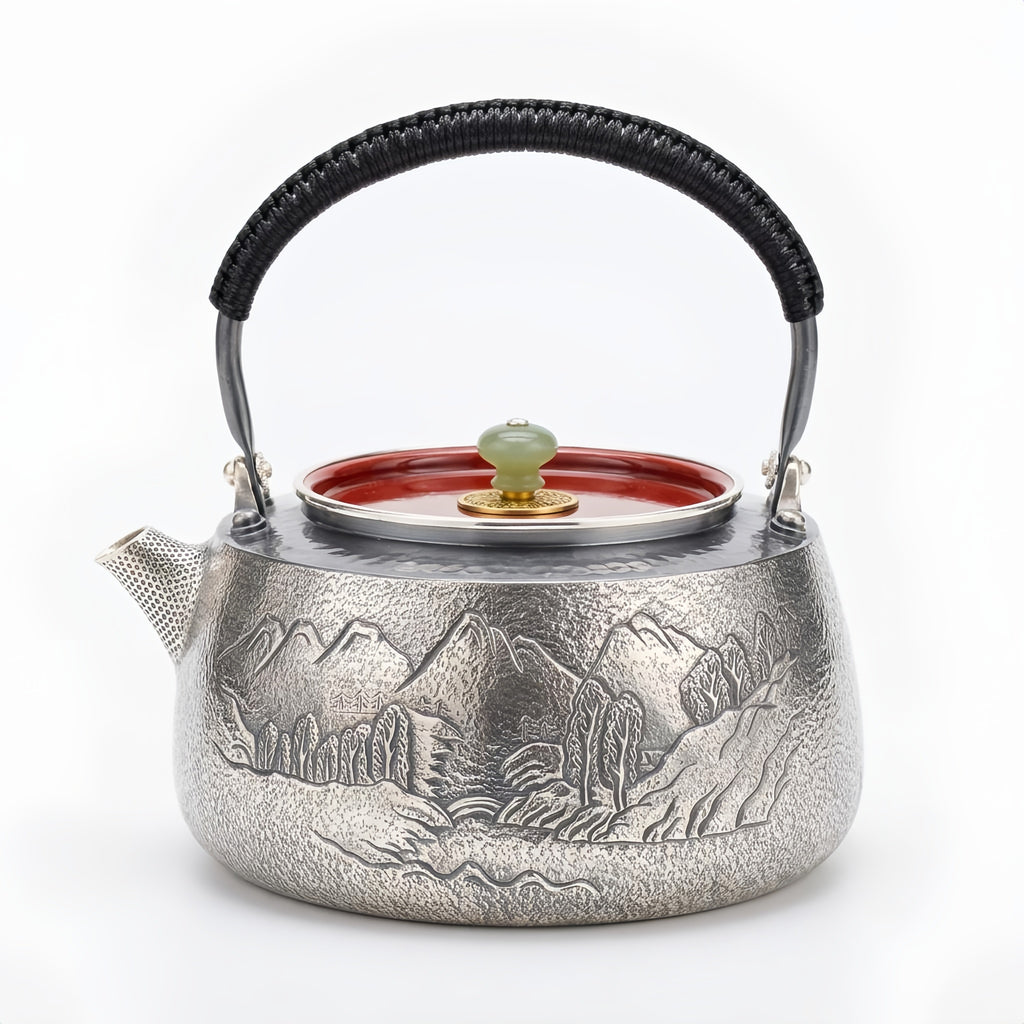 925 Sterling Silver Exquisite Handcrafted Silver Teapot with Engraved Mountain Landscape and Jade Lid Finial - Handicraft