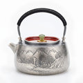 925 Sterling Silver Exquisite Handcrafted Silver Teapot with Engraved Mountain Landscape and Jade Lid Finial - Handicraft
