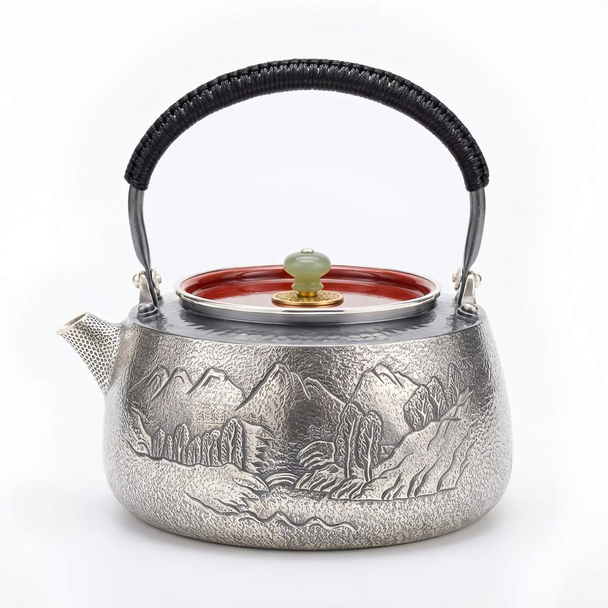 925 Sterling Silver Exquisite Handcrafted Silver Teapot with Engraved Mountain Landscape and Jade Lid Finial - Handicraft