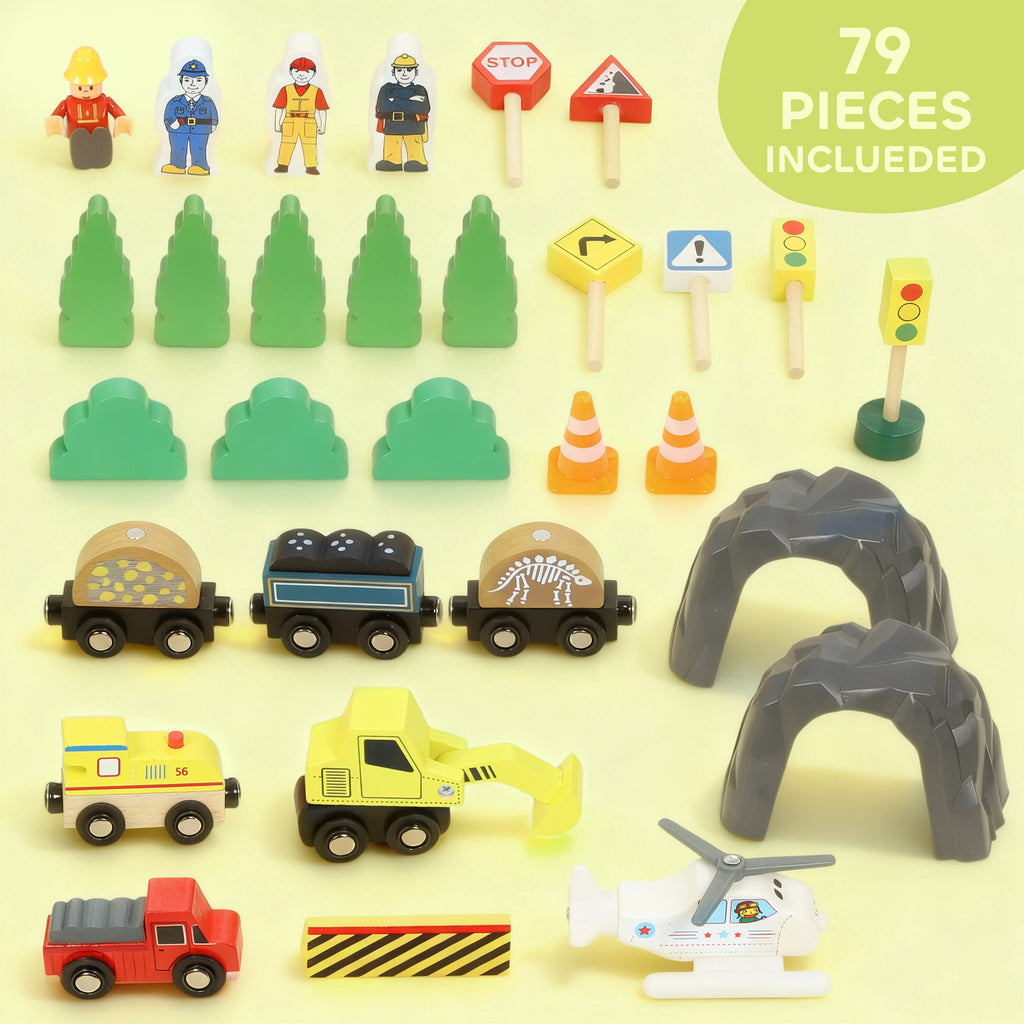 79 Piece Wooden Train Set, Kids Train Track Mine Themed With Crane, Helicopter