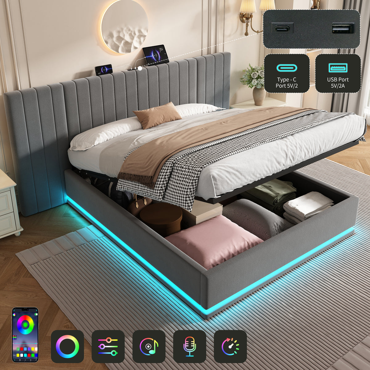 King Ottoman Bed With LED Lighting, Velvet Hydraulic Storage Bed With Charging Station, 5ft King Bed Frame Channel Tufted With Wide Headboard, USB And Type - C Ports, Grey No Mattress