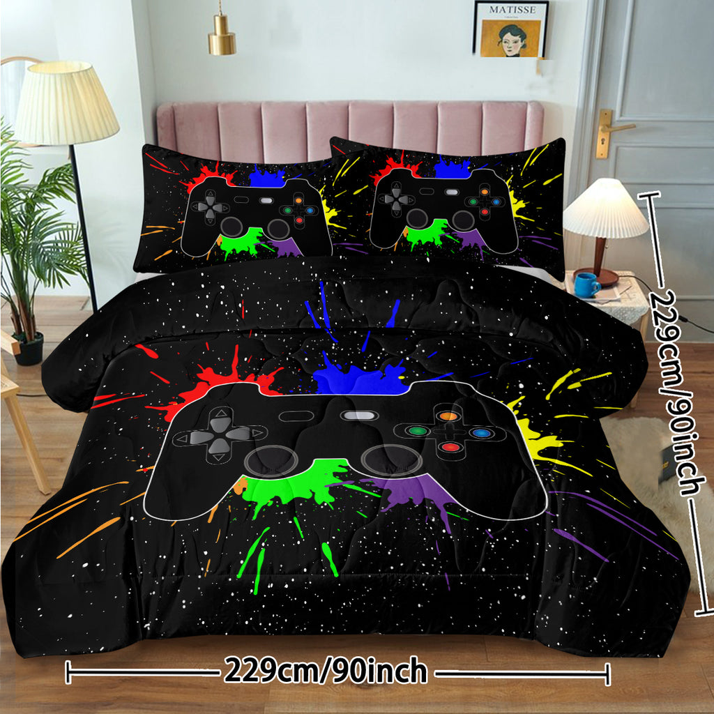Black Video Game Comforter For Girls Boys Red Blue Green Purple Yellow Ink Game Controller Bedding Boy Bedroom Living Bed Decor With 1 Comforter 2 Pillow Shams