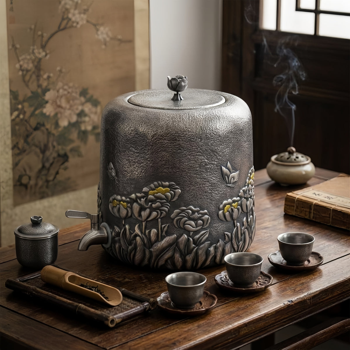 925 Sterling Silver Ornate Floral Embossed Beverage Dispenser with Intricate Butterfly Accents and Metallic Finish - Handicraft