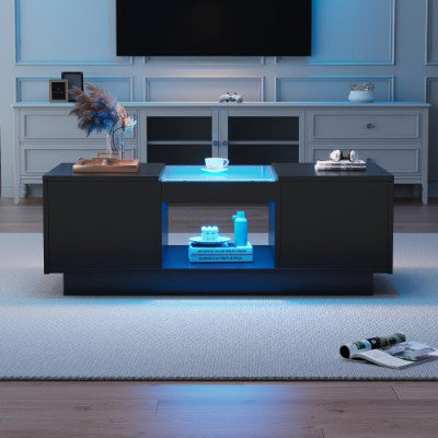LED Coffee Table For Living Room, Modern Coffee Table With Storage With LED Lights, 2 Tiers And 2 Drawers, Large Living Room Center Tables Black