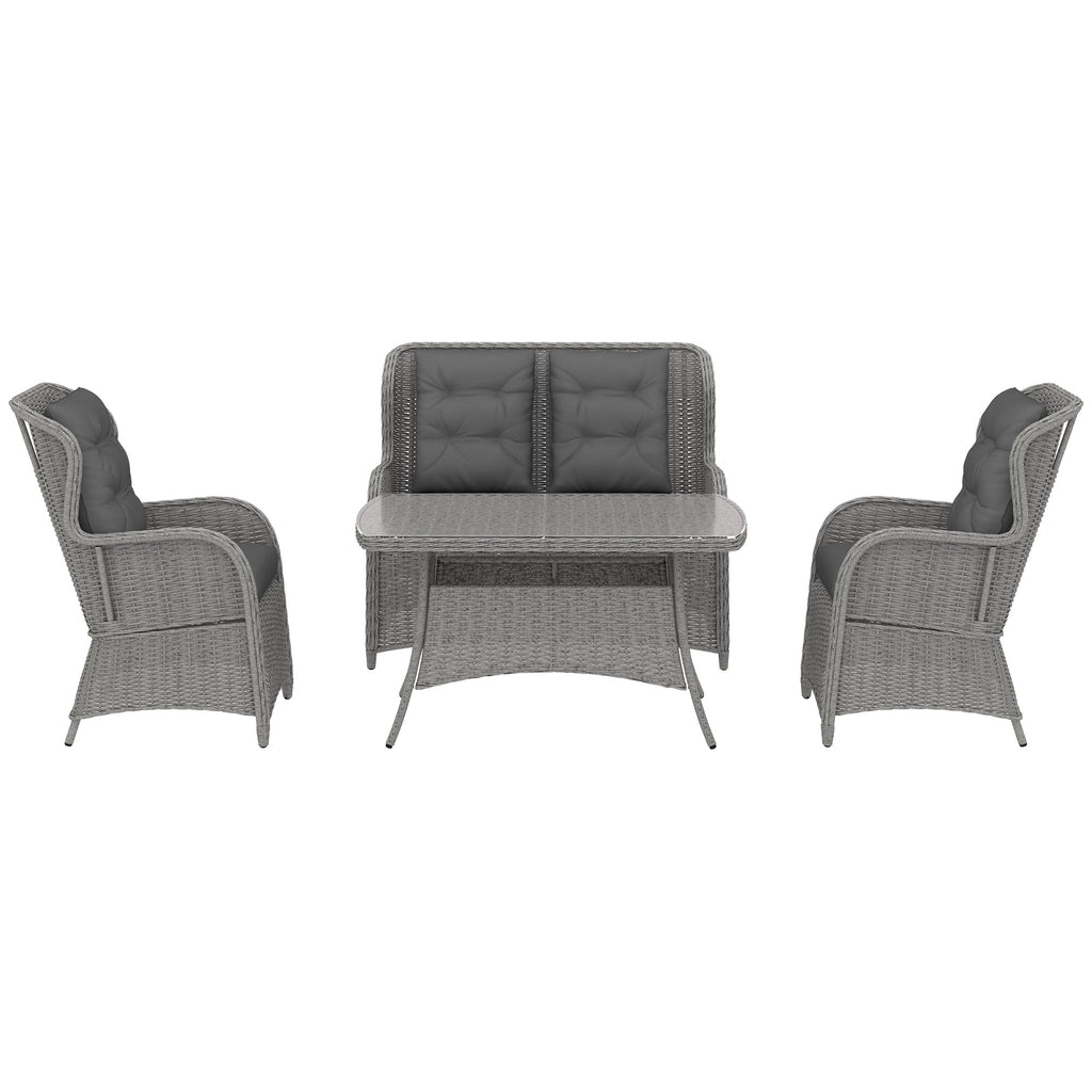 Garden PE Rattan Dining Sofa Set, Outdoor 4 Seater Wicker Furniture, High Back Chairs With Cushions, Tempered Glass Coffee Table For Patio, Light Grey