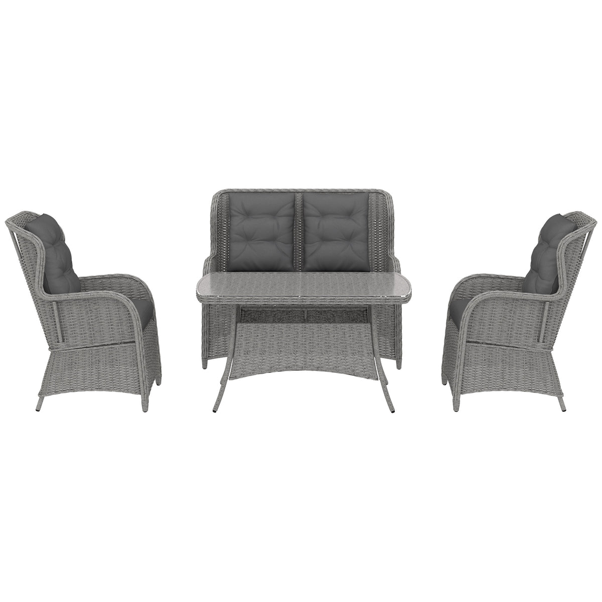 Garden PE Rattan Dining Sofa Set, Outdoor 4 Seater Wicker Furniture, High Back Chairs With Cushions, Tempered Glass Coffee Table For Patio, Light Grey