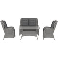 Garden PE Rattan Dining Sofa Set, Outdoor 4 Seater Wicker Furniture, High Back Chairs With Cushions, Tempered Glass Coffee Table For Patio, Light Grey