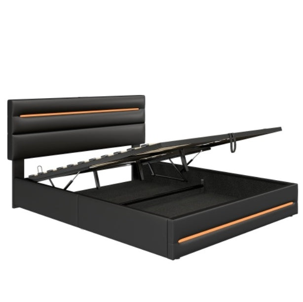 5ft King Upholstered Bed Frame With Hydraulic Storage, PU Ottoman Bed With LED Lighting And Charging Station, LED Adjustable Headboard With USB And Type - C Ports, Black