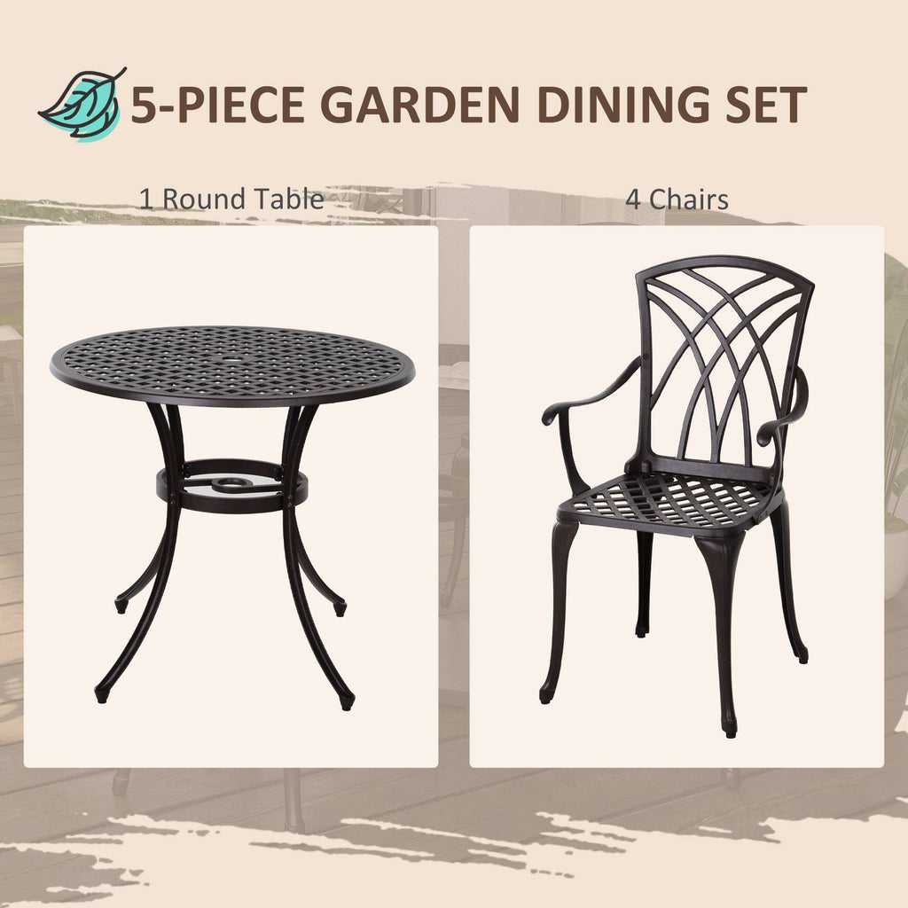 5 Pieces Garden Dining Set For 4, Cast Aluminium Outdoor Dining Set With 4 Armchairs And Round Dining Table With Parasol Hole, Garden Furniture Set, Brown