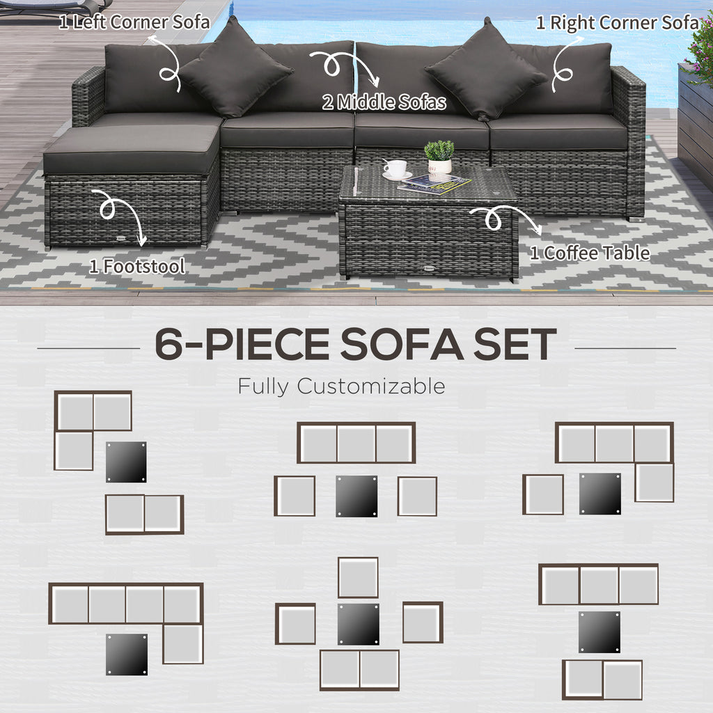 6 Piece Patio Furniture Set Outdoor Wicker Conversation Set All Weather PE Rattan Sectional Sofa Set with Ottoman, Cushions and Tempered Glass Table, Mixed Gray and Charcoal