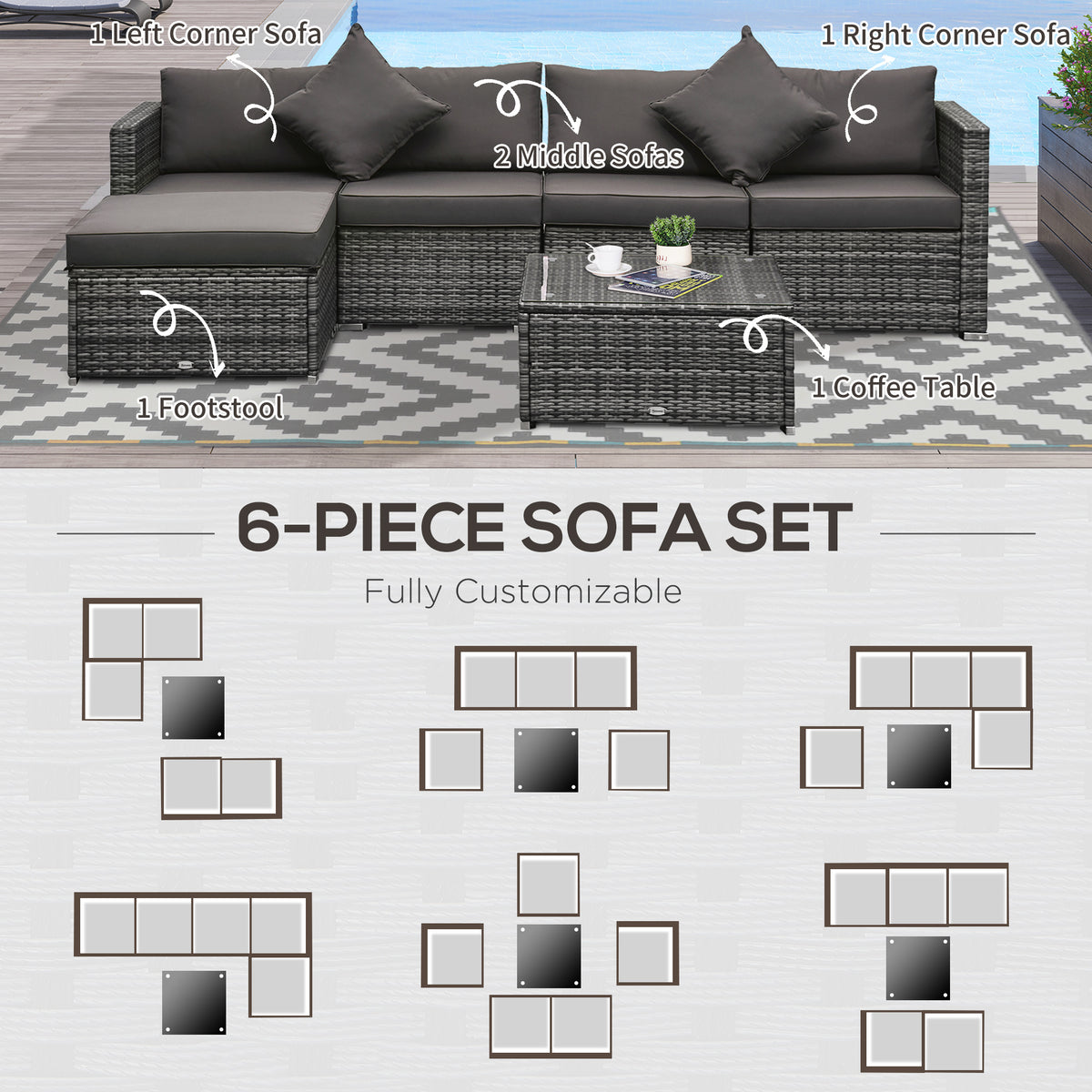 6 Piece Patio Furniture Set Outdoor Wicker Conversation Set All Weather PE Rattan Sectional Sofa Set with Ottoman, Cushions and Tempered Glass Table, Mixed Gray and Charcoal