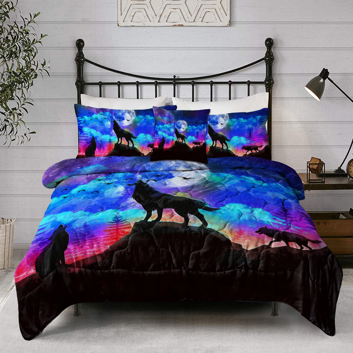 Galaxy Comforter Set Men 3D Wolf Bed Comforter Set 4 Piece Wolves Howling Bedding For Boys Retro Oil Painting Design Purple Blue And Black Bedding Set Queen King Size