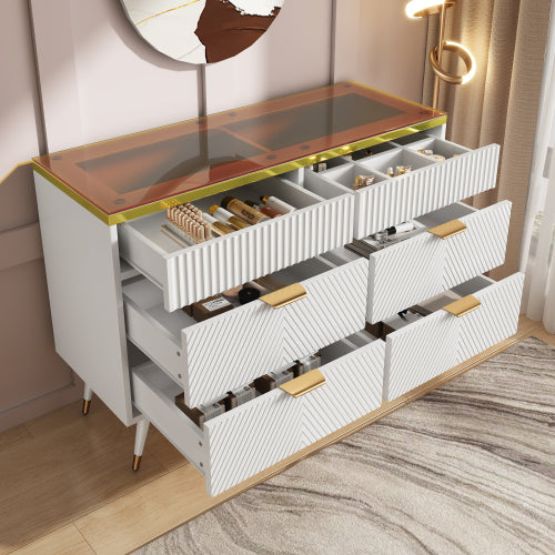 Sideboard Cabinet Dresser With 6 Drawers,Amber Glass Chest Of Drawers, Compartmentalised Storage,Anti-tip,Dressing Table For Living Room, Hallway, Bedroom, And Children's Room, 120 X 40 X 76 Cm, White