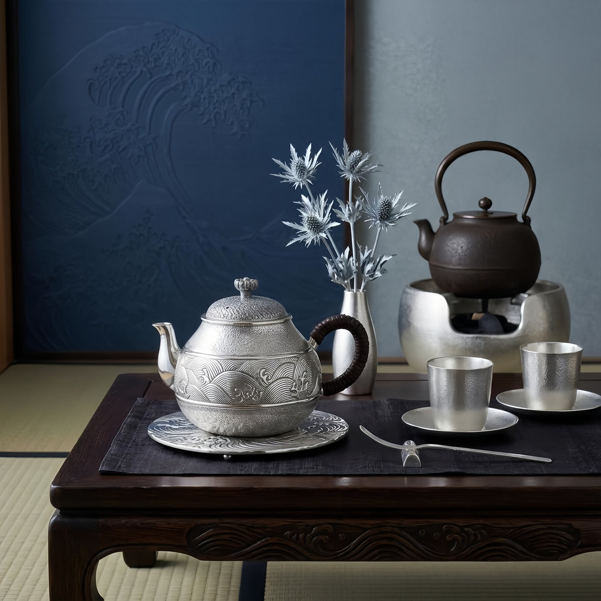 Pure 999 Fine Silver Artistic Silver Teapot Featuring Intricate Hand-Engraved Wave Motif and Textured Finish - Handicraft