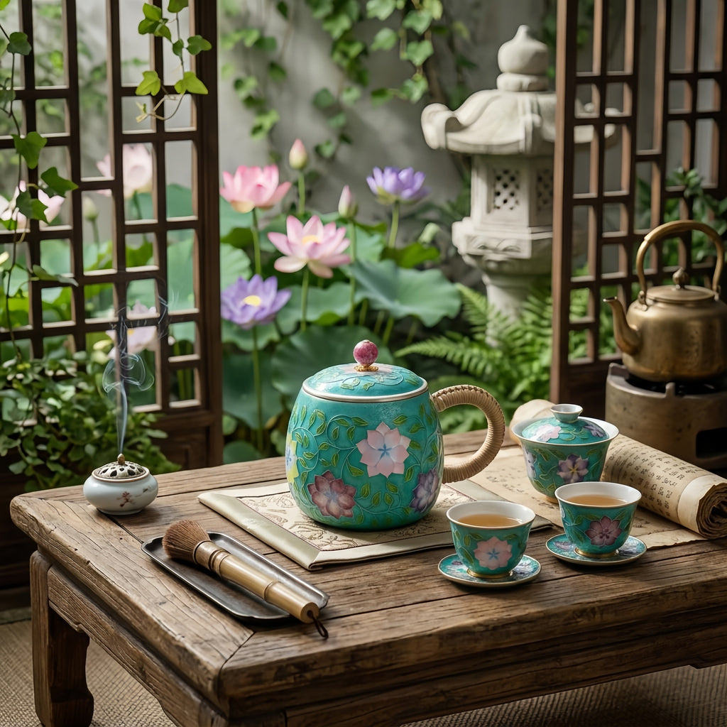 925 Sterling Silver Elegant Turquoise Cloisonné Floral Mug with Woven Handle and Matching Lid - Handicraft