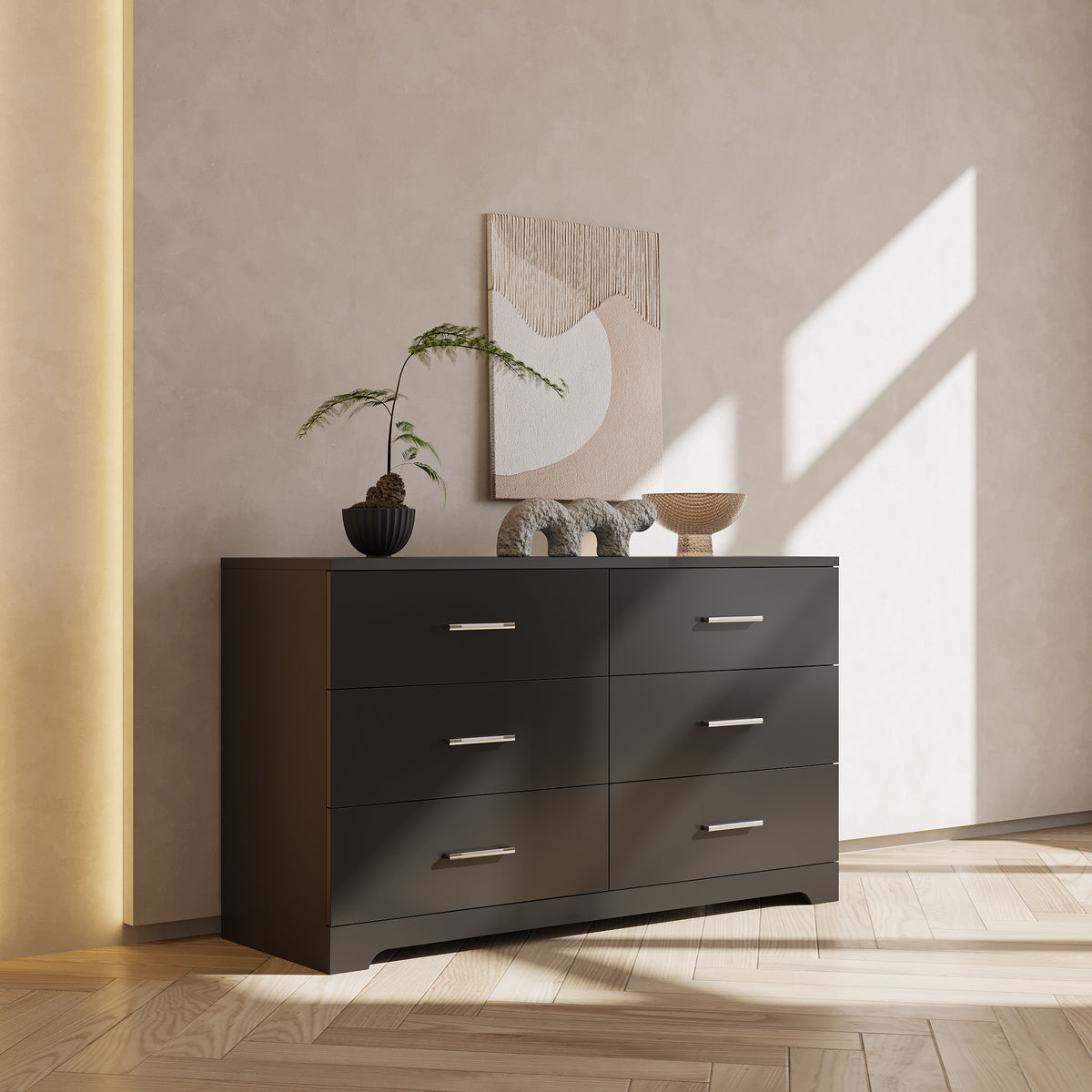 Black Particle Board With Triamcinol, Six Drawer Cabinet
