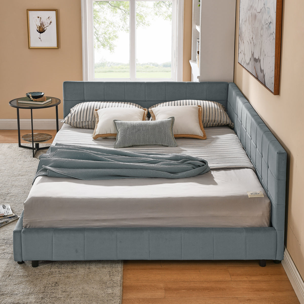 Queen Size Upholstered Tufted Bed Frame, Sofa Bed Frame With Comfortable Backrest And Armrests, Queen Size Bed For Bedroom, Living Room,Velvet, GREY 85.5x64.5x30.5