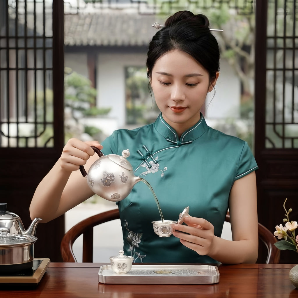 Pure 999 Fine Silver Elegant  Teapot with Floral Embellishments and Butterfly Motif-exquisite handmade teapot - Handicraft