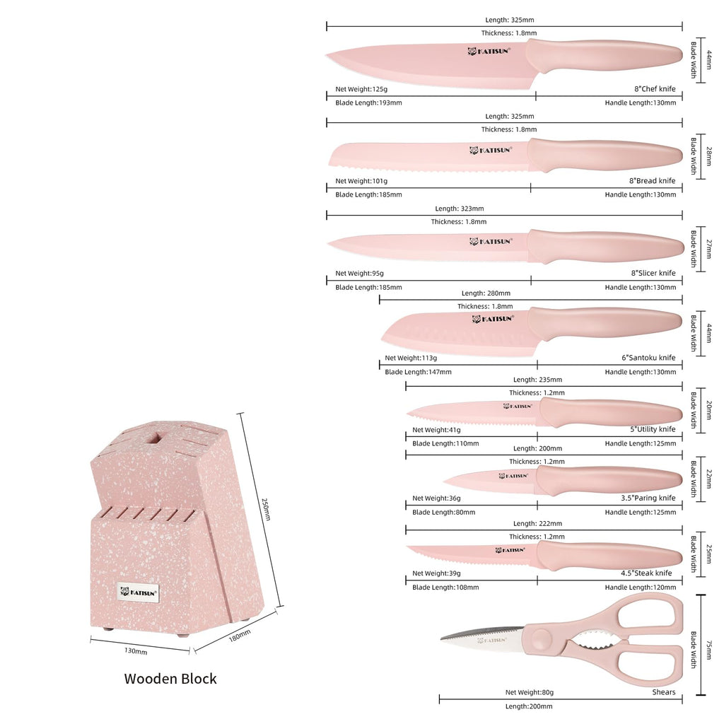 Kitchen Knife Set With Block, 14 Piece Pink Non-Stick Paint Coating Stainless Steel Knives Set, Anti-Rust And Dishwasher Safe, 12 Knives With Kitchen Shears And Block Pink