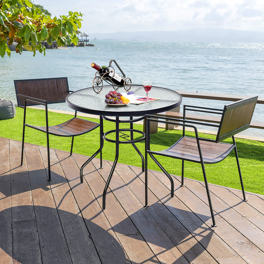 32 Inch Patio Tempered Glass Steel Frame Round Table With Convenient Umbrella Hole